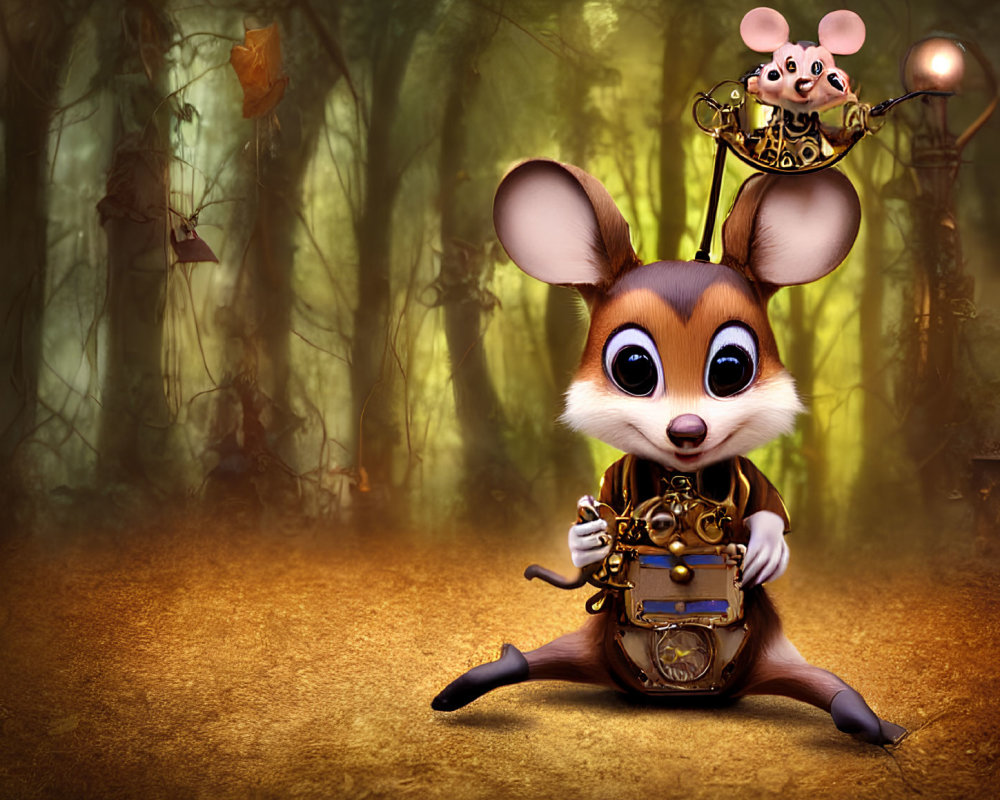 Anthropomorphic Mouse in Steampunk Goggles with Fantastical Device in Mystical Forest