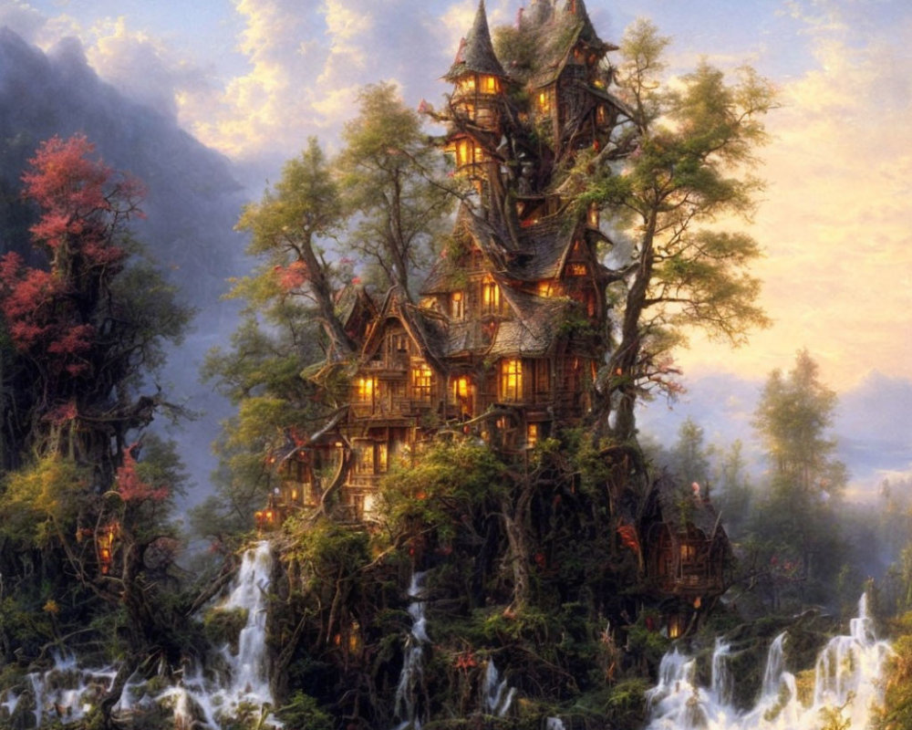 Multi-level treehouse surrounded by lush foliage, waterfalls, and mountains.