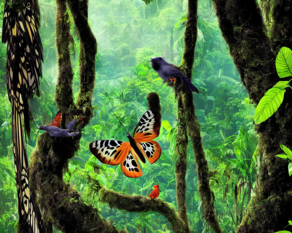 Lush Green Jungle with Moss-Covered Trees and Colorful Wildlife