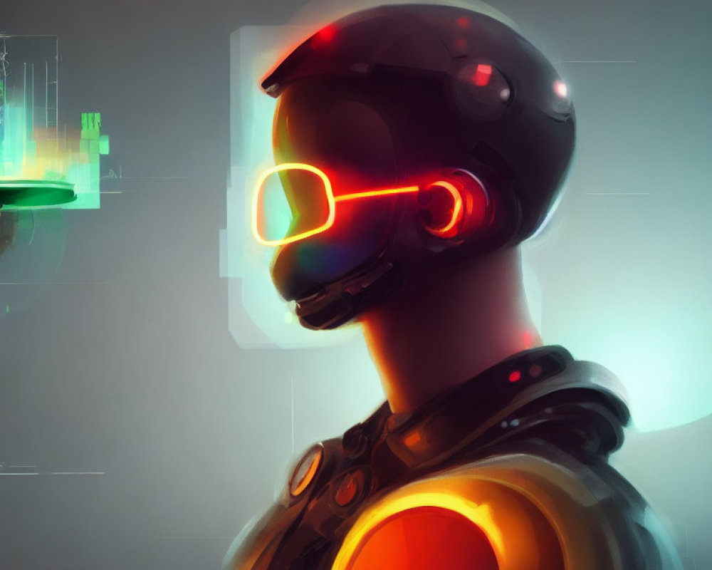 Futuristic Soldier in Glowing Orange Visor and Headphones amid Digital Interfaces