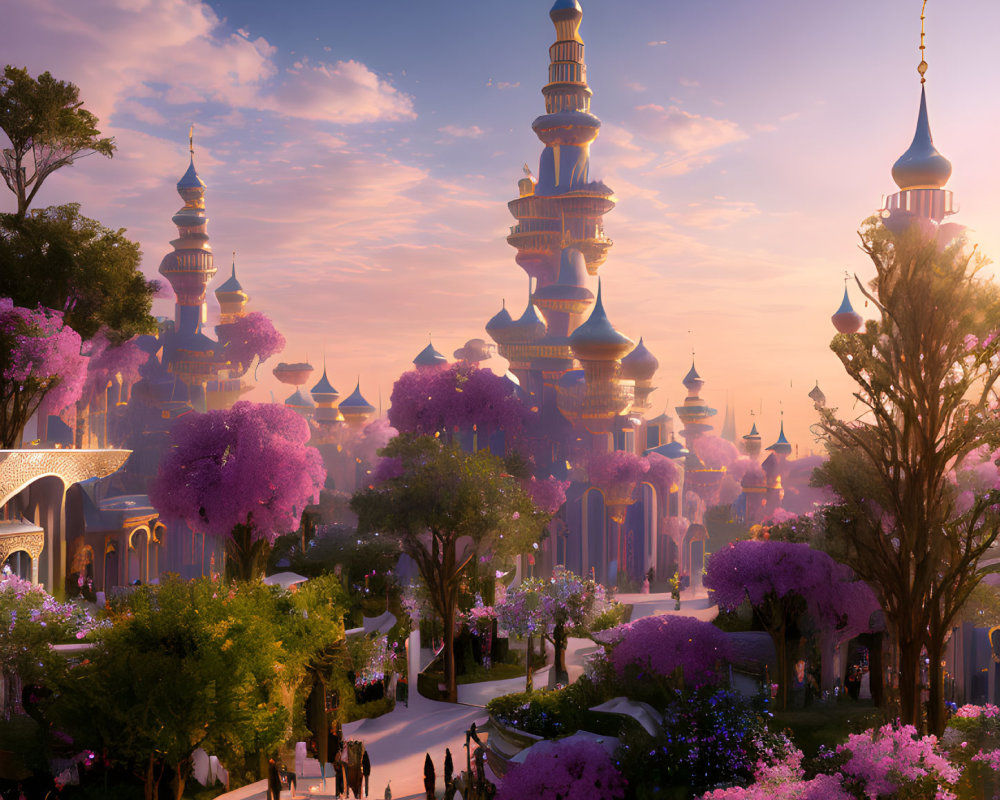 Fantastical cityscape at sunset with towering spires and purple trees