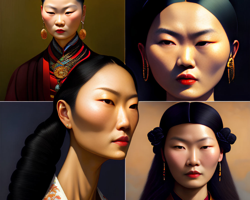 Four Portraits of Woman in Traditional East Asian Attire and Makeup