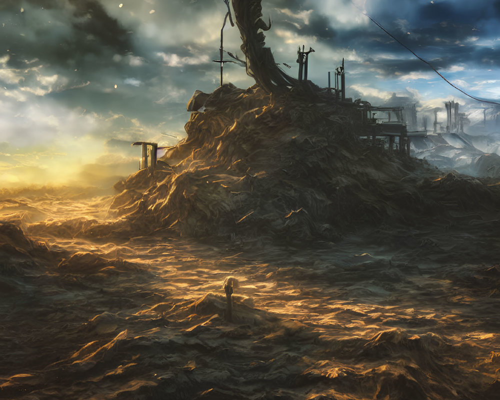 Desolate landscape with tattered flag, ruins, and dramatic sky