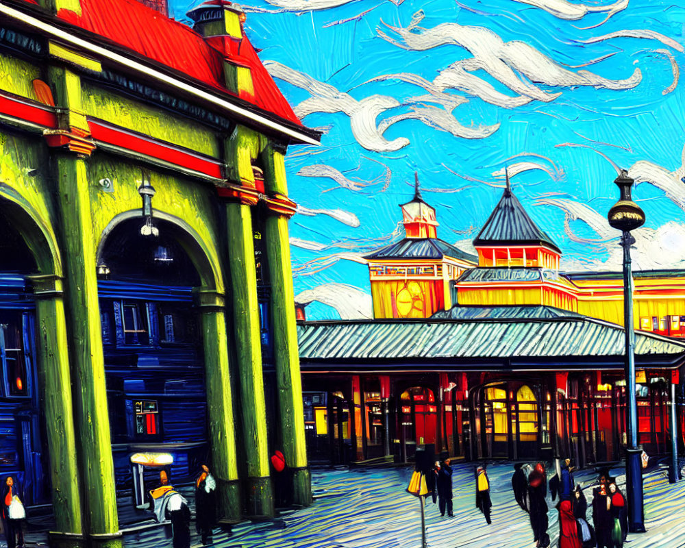 Vibrant historical train station painting with swirling blue sky