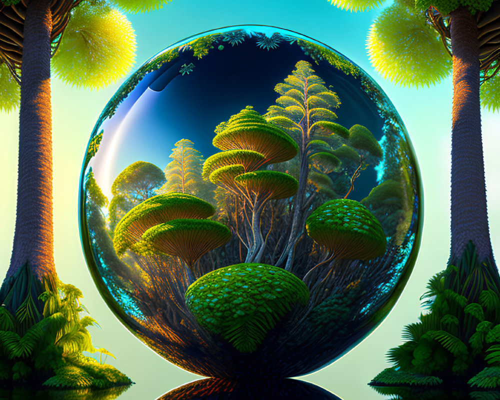 Surreal landscape with reflective sphere and inverted forest in vibrant green setting