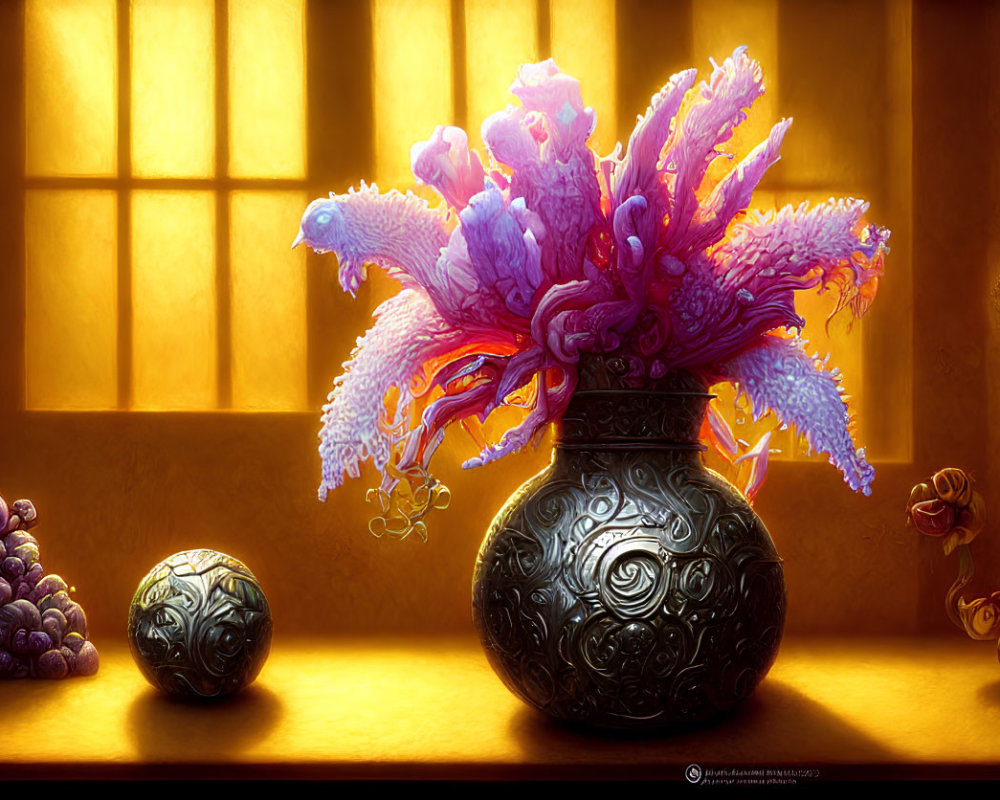 Colorful digital artwork: Vase with intricate patterns, purple coral-like organisms, and ornate spheres