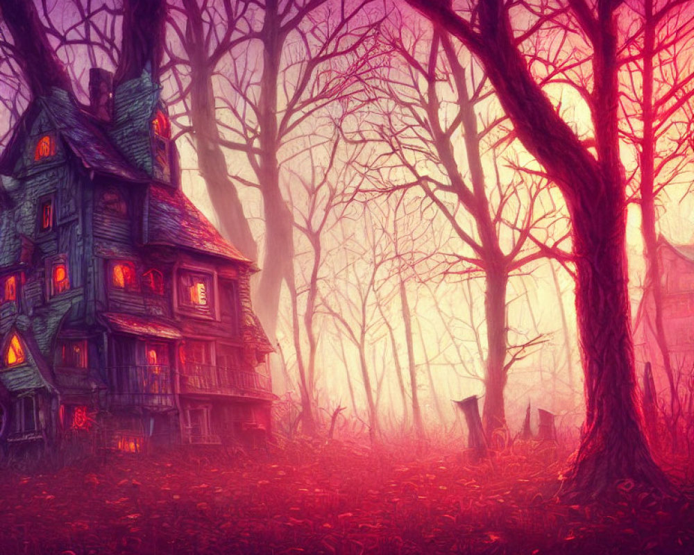 Eerie crooked house in misty purple forest with mysterious glow