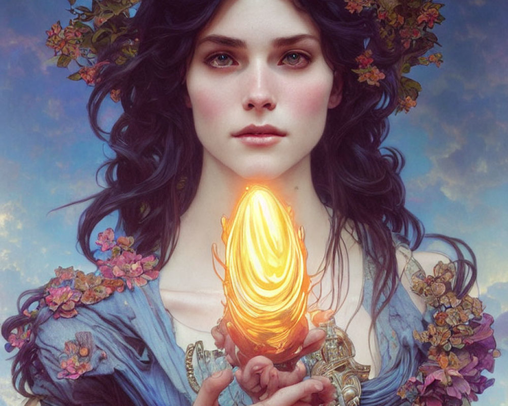 Dark-haired woman with floral crown and golden flame in fantasy portrait