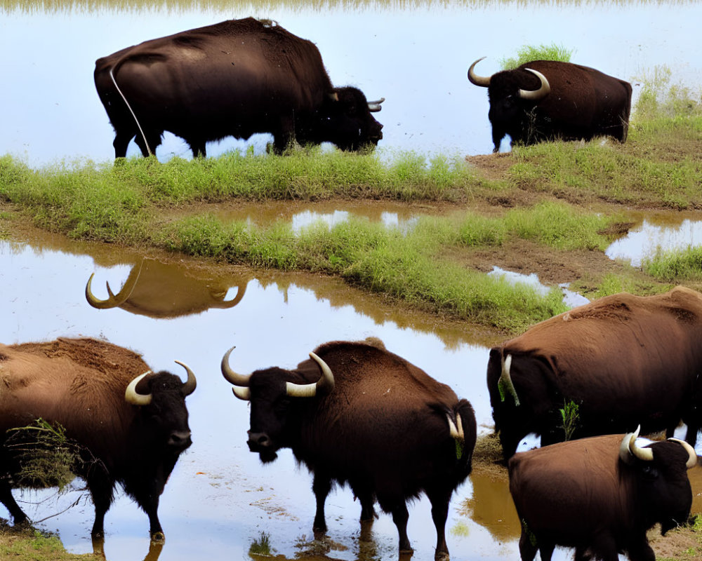 Curved-horn buffaloes grazing in wet, grassy field with mirrored water.