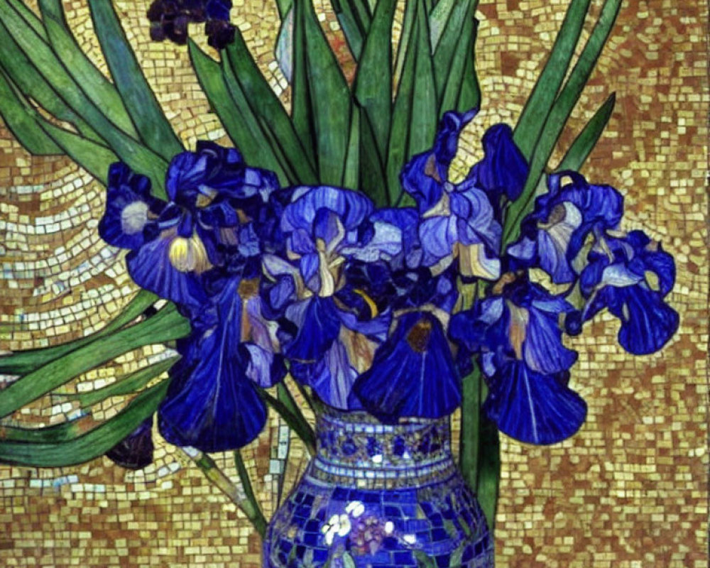 Decorative Blue Vase with Vibrant Blue Irises on Mosaic Tile Background