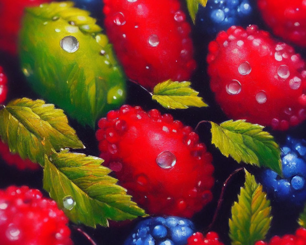 Vibrant red and blue berries with fresh green leaves in water droplets