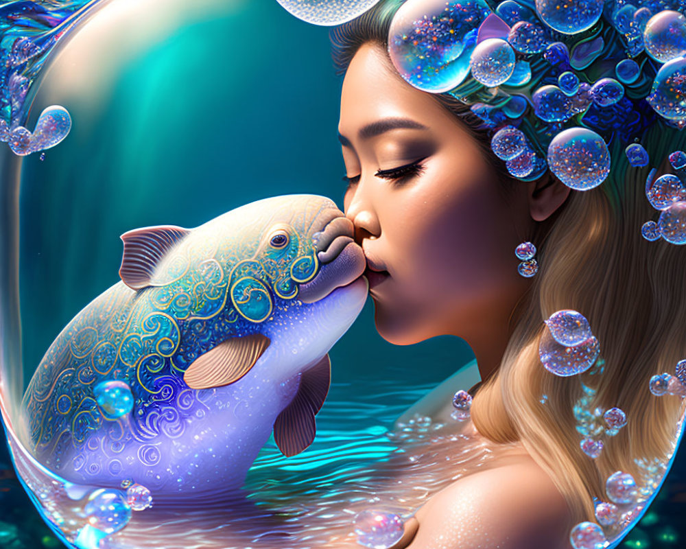 Woman kissing patterned fish in bubble surrounded by light underwater