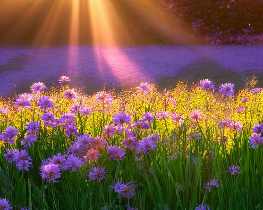 Sunlight illuminates purple flowers and green grass in tranquil setting