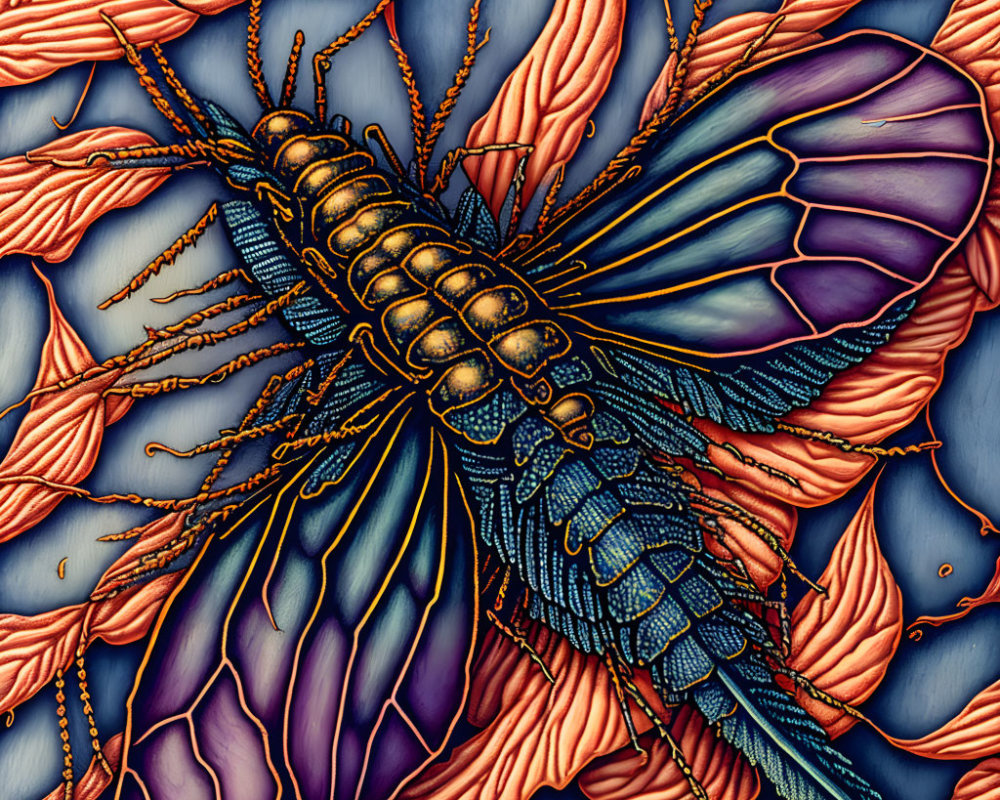 Detailed Dragonfly Artwork with Golden and Blue Wings on Textured Orange Background