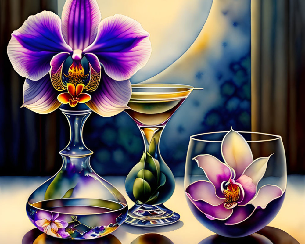 Colorful digital artwork: Purple orchid, martini glass, and glass vessel under moonlight