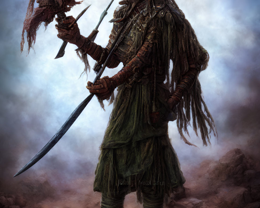 Fantasy warrior in tribal armor with large sword and menacing mask in misty setting