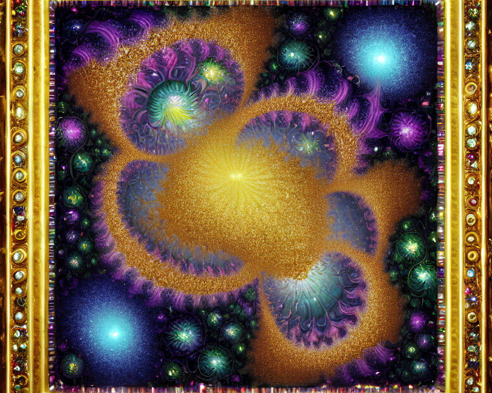 Colorful fractal image with intricate patterns and glowing orbs in golden frame