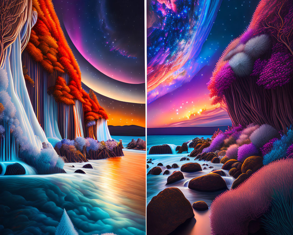 Colorful surreal landscapes in digital diptych art