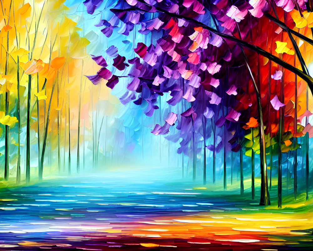 Colorful autumn forest painting with vibrant trees and dreamlike reflection.