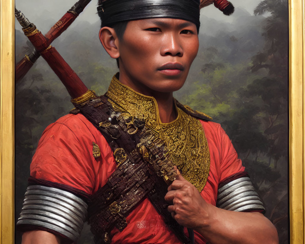 Historical warrior portrait with red and gold attire, silver arm guards, and feathered headband