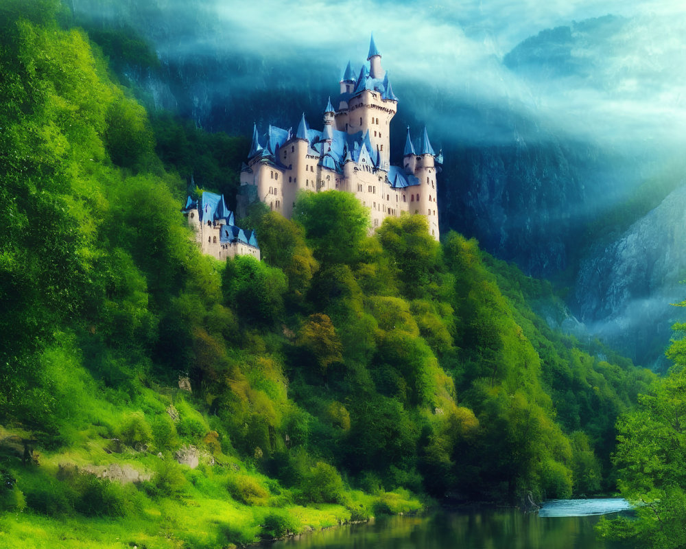 Majestic fairytale castle on green hill with river and mountains