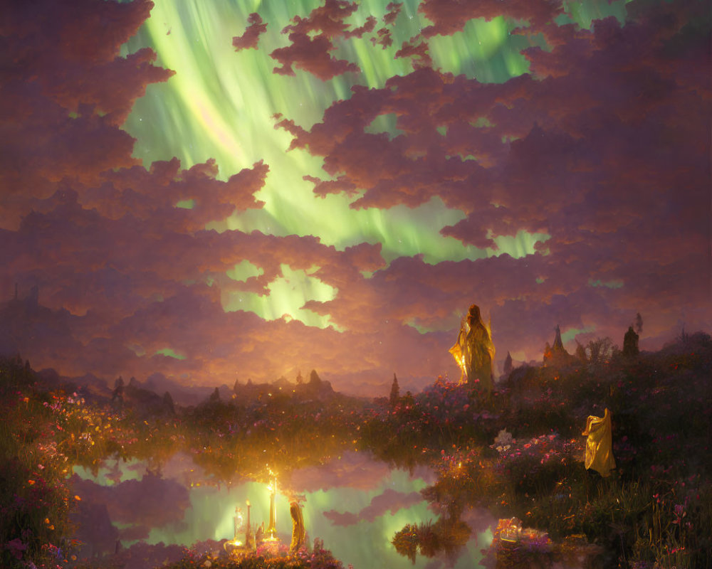 Vibrant auroras over fantastical dusk landscape with illuminated figures and floating candles.