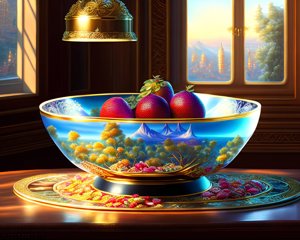 Natural light highlights strawberries in bowl with landscape painting.