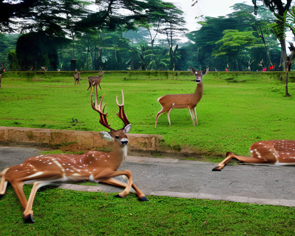 Spotted deer grazing and resting in lush green park