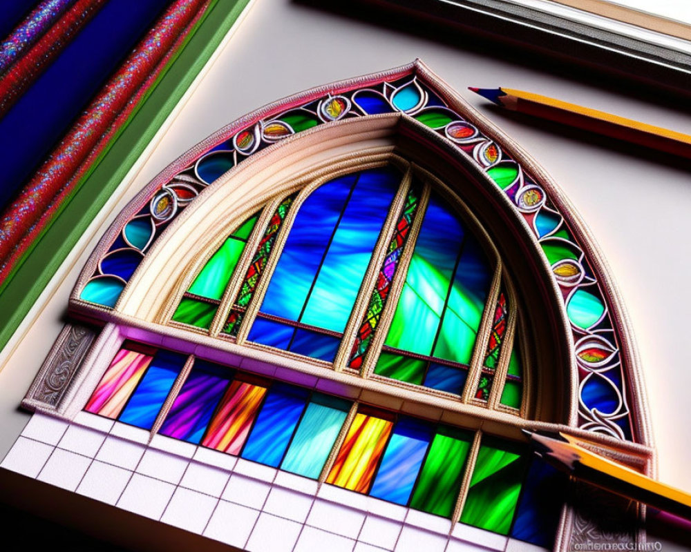 Gothic arch stained glass window with vibrant colors and stone tracery.