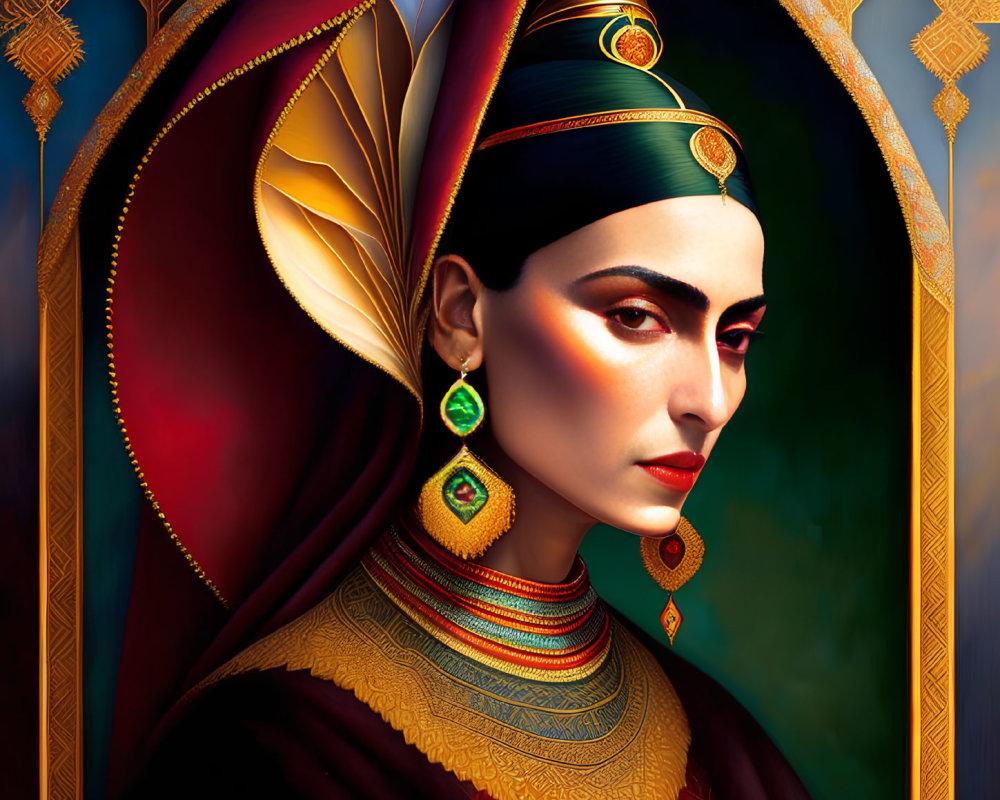 Vibrant digital portrait of woman as ancient Egyptian pharaoh