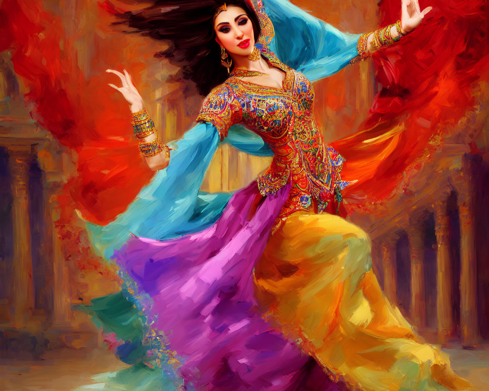 Colorful Woman Traditional Dance Artwork on Warm Abstract Background