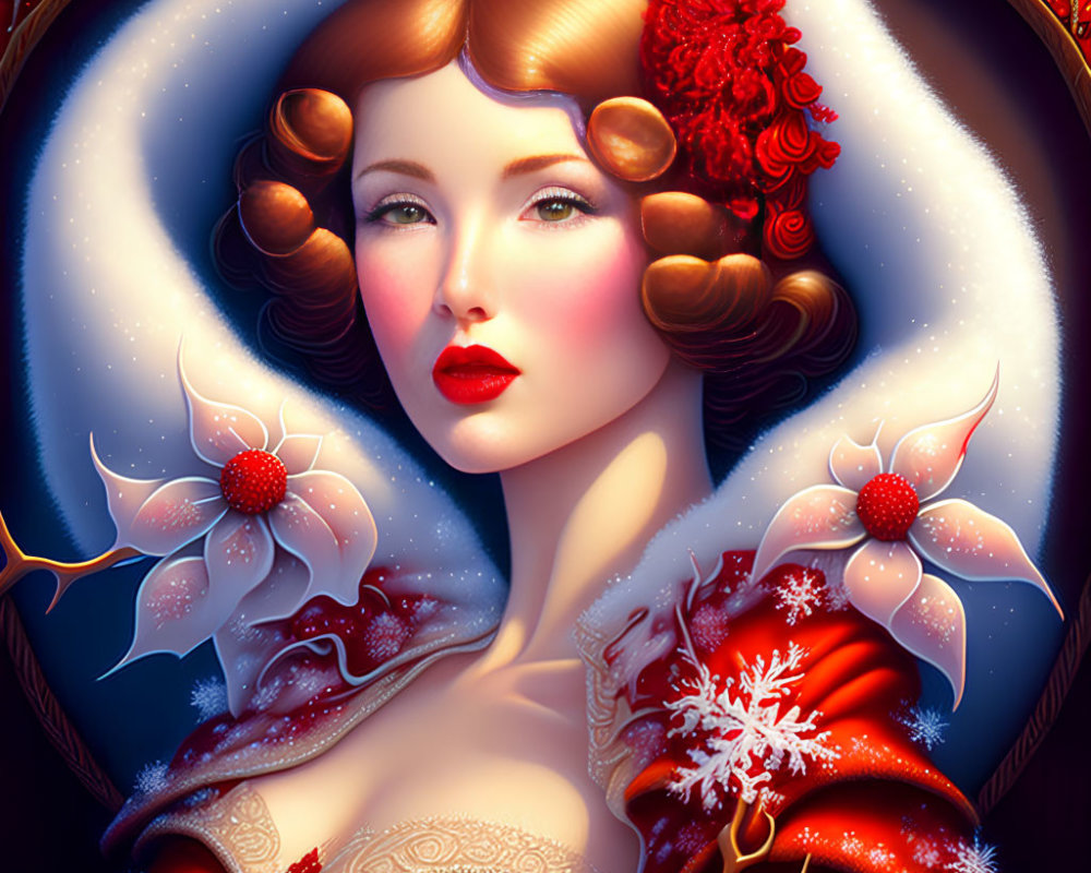 Illustration of fair-skinned woman with wavy brown hair and red lips in red attire with floral