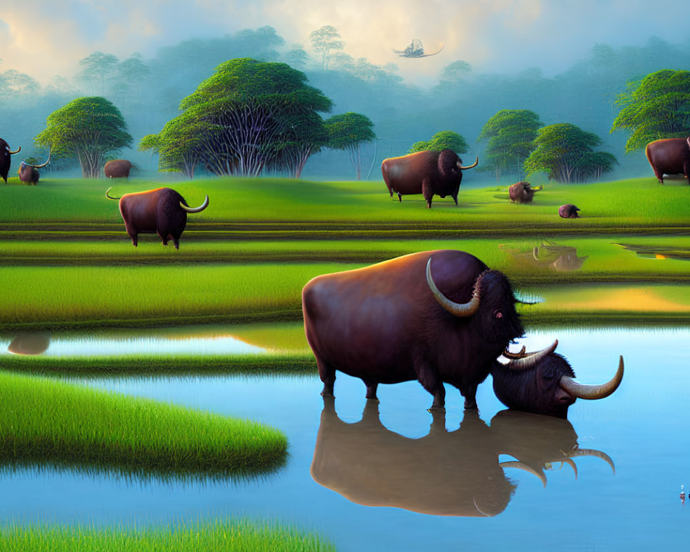 Tranquil landscape with water buffalo grazing in rice terraces