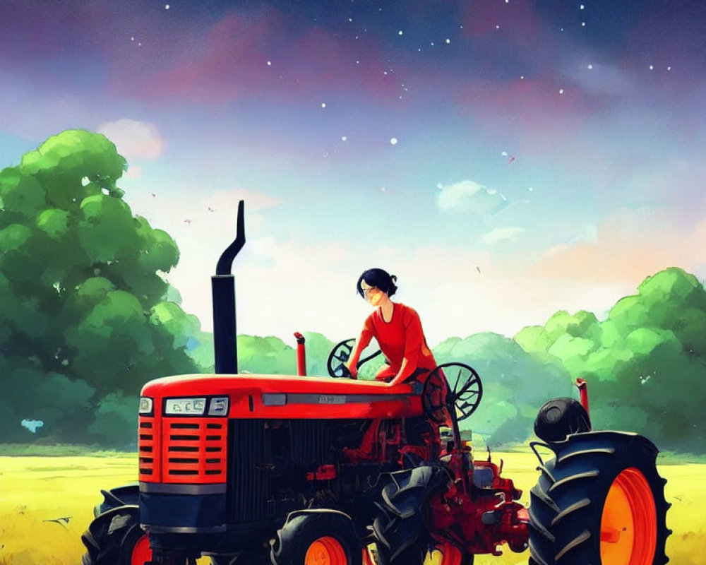 Person in red shirt and hat operating vintage tractor in field under colorful sunset sky gradient.