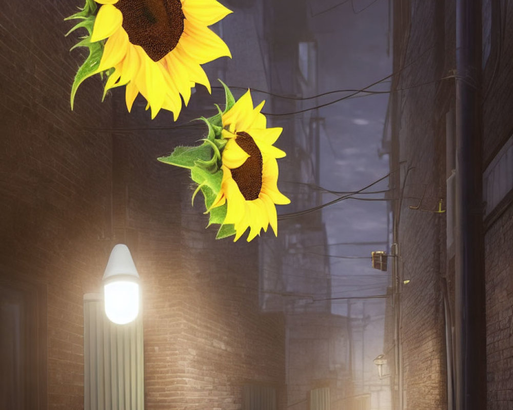 Tall Sunflowers Illuminate Night Alleyway