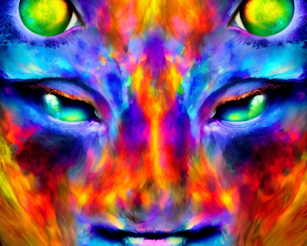 Symmetrical abstract feline face with intense green eyes on fiery background