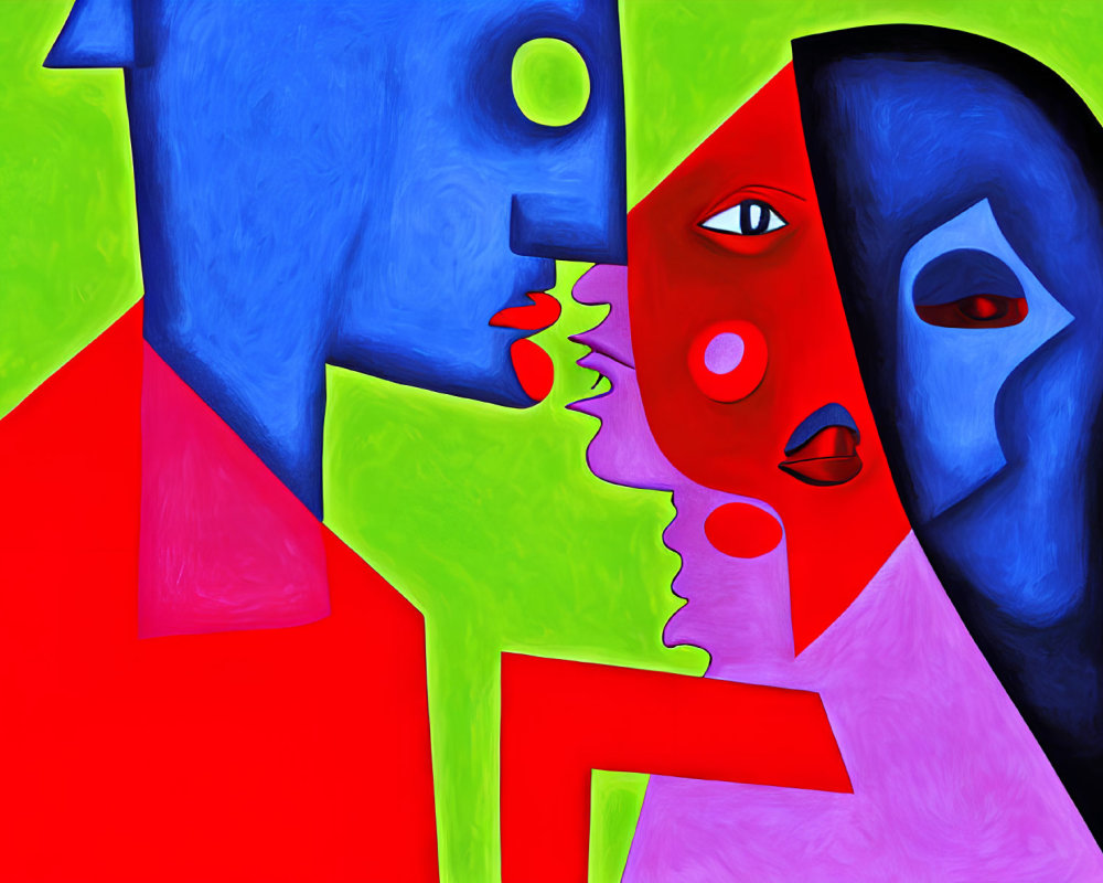 Colorful Abstract Painting of Stylized Faces with Geometric Shapes