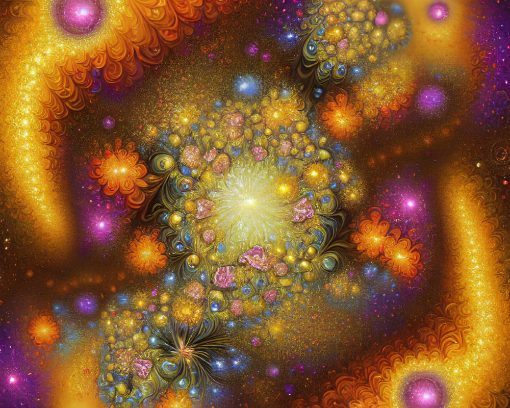 Colorful Fractal Image with Gold, Orange, and Blue Swirling Patterns