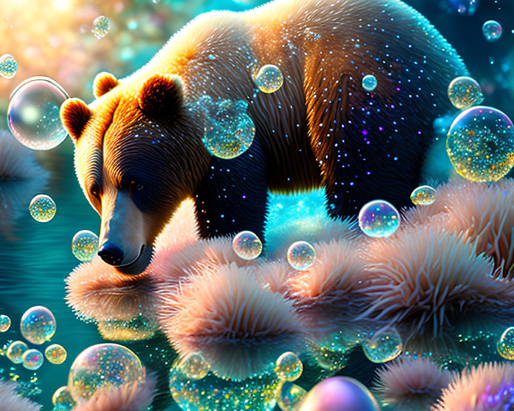 Bear Surrounded by Bubbles and Vegetation in Starry Scene