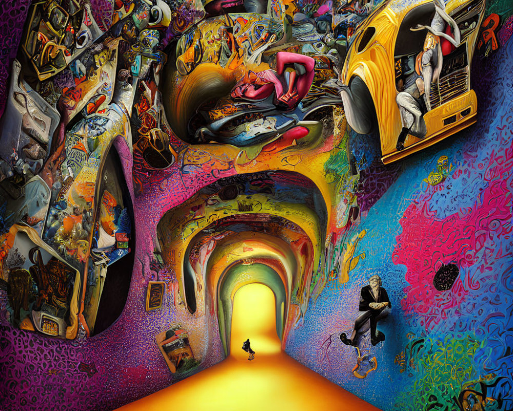 Colorful Psychedelic Tunnel with VW Van, Orbs, Music, and Creatures