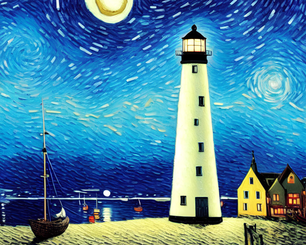 Seaside Night Scene Illustration with Lighthouse, Starry Sky, Boat, and Houses