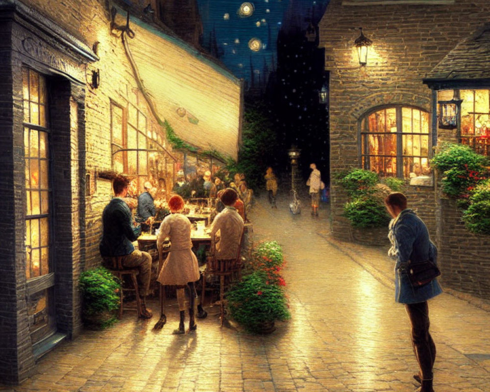 Outdoor dining under warm lighting on cobblestone street with starry sky