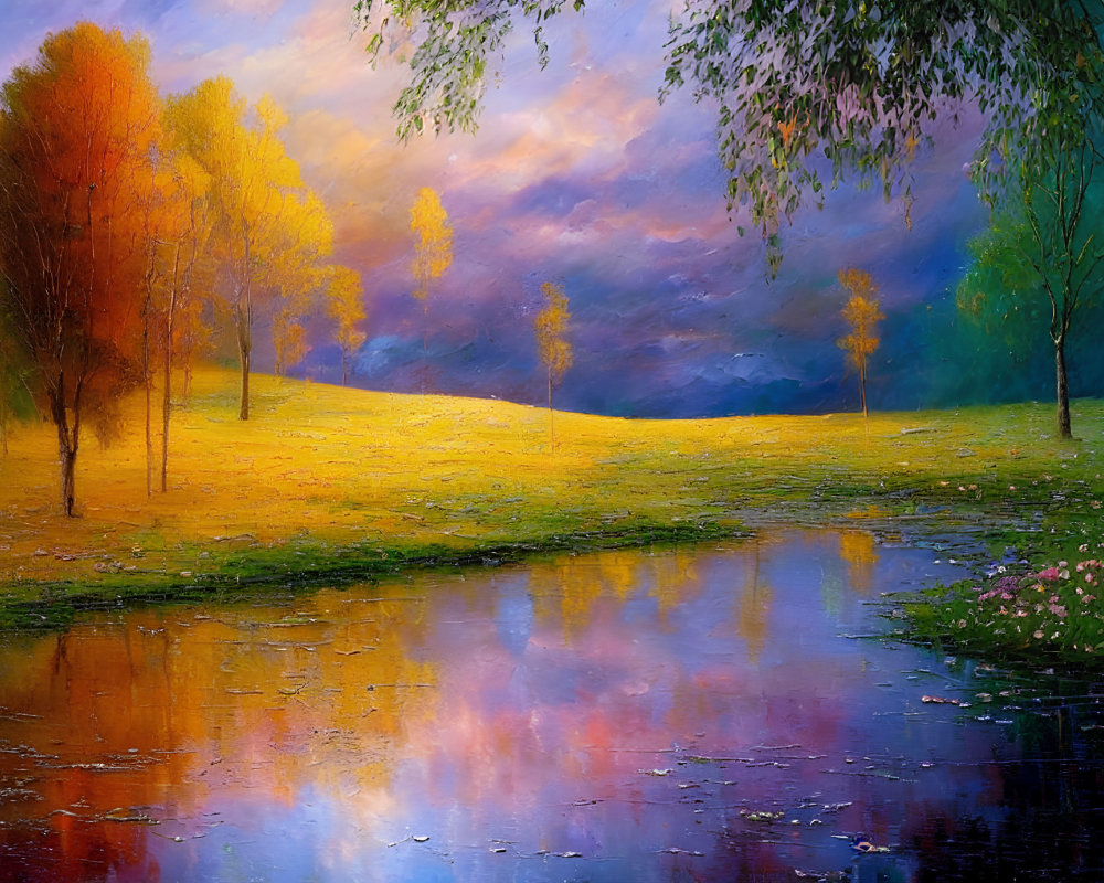 Colorful Autumn Trees Landscape Painting by River at Sunset