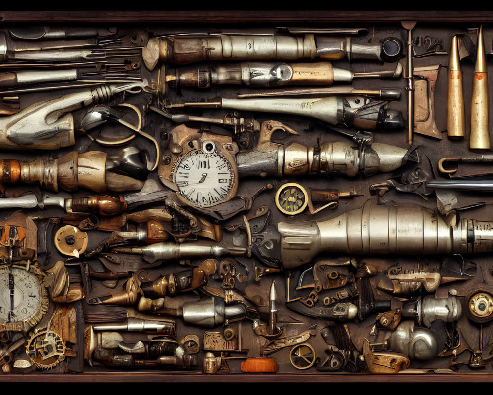 Vintage objects collage: old guns, clocks, metallic tools on dark surface