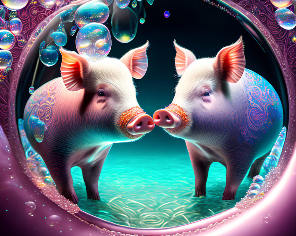 Colorful Psychedelic Cartoon Pigs in Bubble-Filled Frame