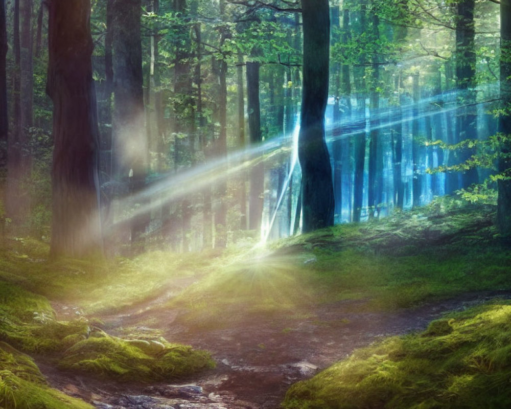 Verdant forest with sunbeams and shadows