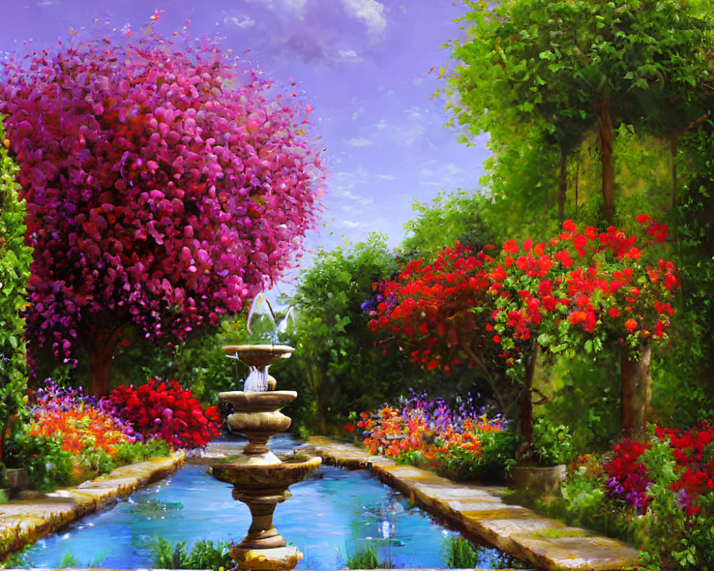 Lush Garden with Central Fountain and Flowering Plants