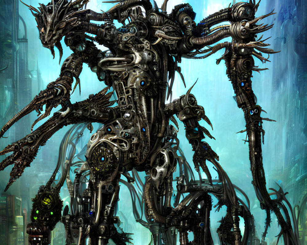 Intricate multi-limbed mechanical creature in futuristic cityscape