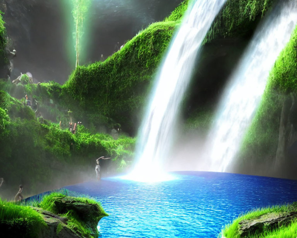 Tranquil waterfall into blue pond with lush greenery