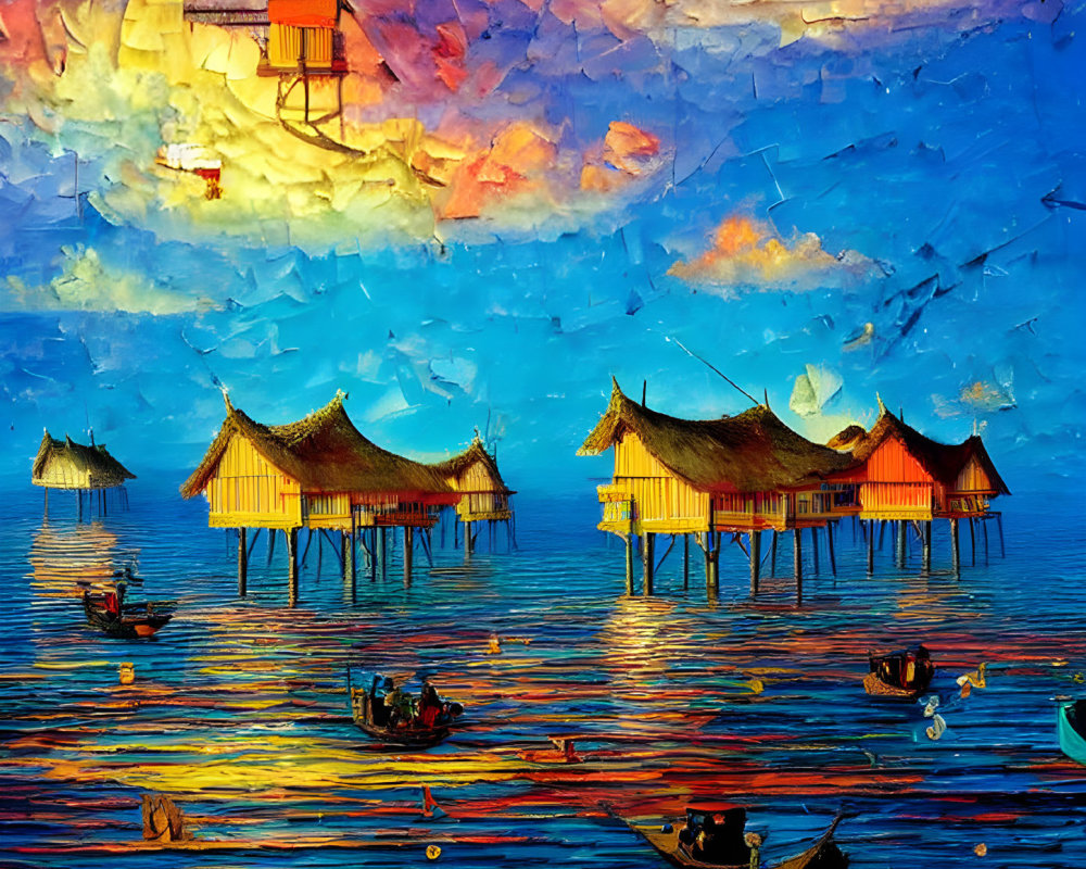 Vibrant sunset painting of stilt houses over water with boats and reflection